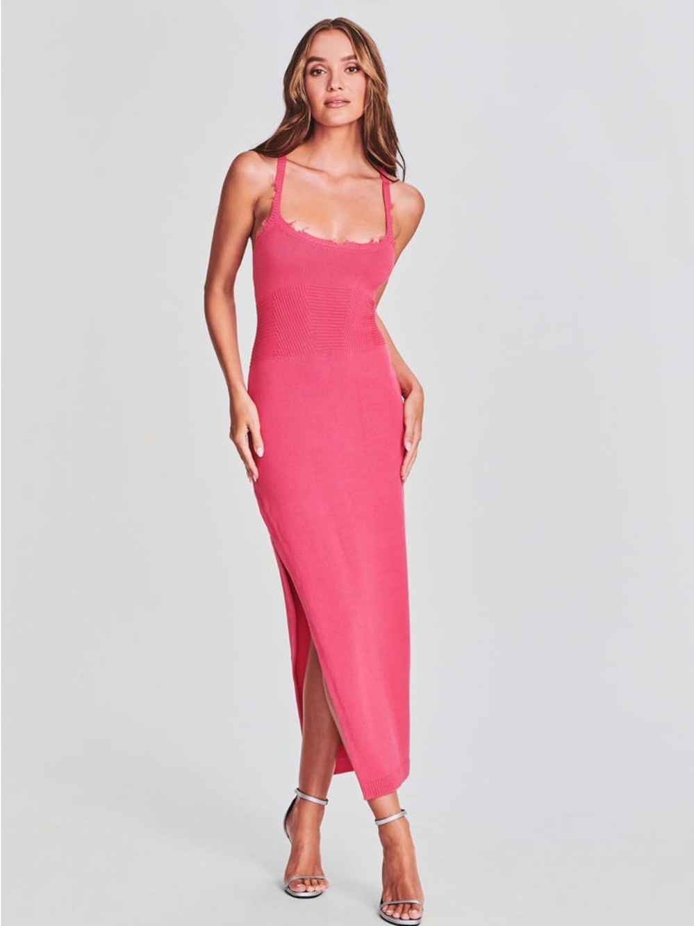 Ser.O.Ya Gabby Maxi Dress in Neon Coral Distressed Side Slit